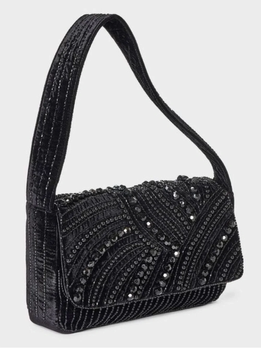 a new day | Women’s Black Beaded Velvet Front Snap Flap Shoulder Bag OS
